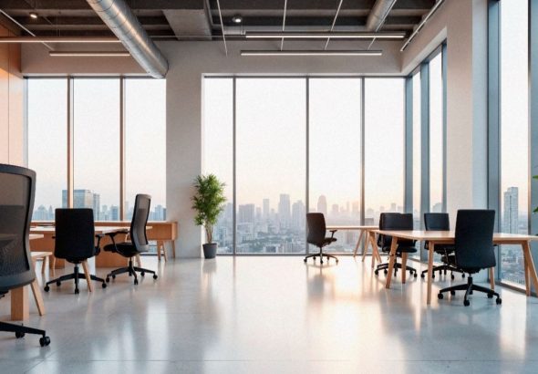 Modern startup office interior with flexible workspaces and collaborative areas