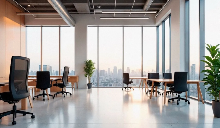 Modern startup office interior with flexible workspaces and collaborative areas
