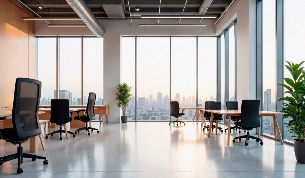 Modern startup office interior with flexible workspaces and collaborative areas